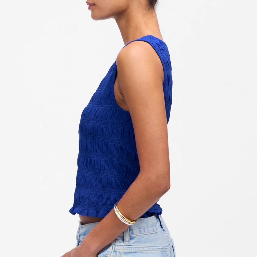 Madewell Smocked Cotton Linen Blend Ruffle Hem Boatneck Tank Blue Size S NWT - Picture 3 of 8